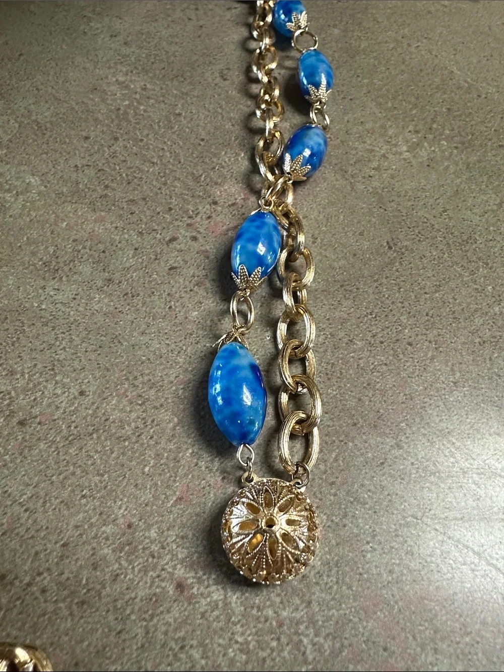 Vintage Hong Kong Multi Strand Blue Marbled Bead Necklace & Earring Set